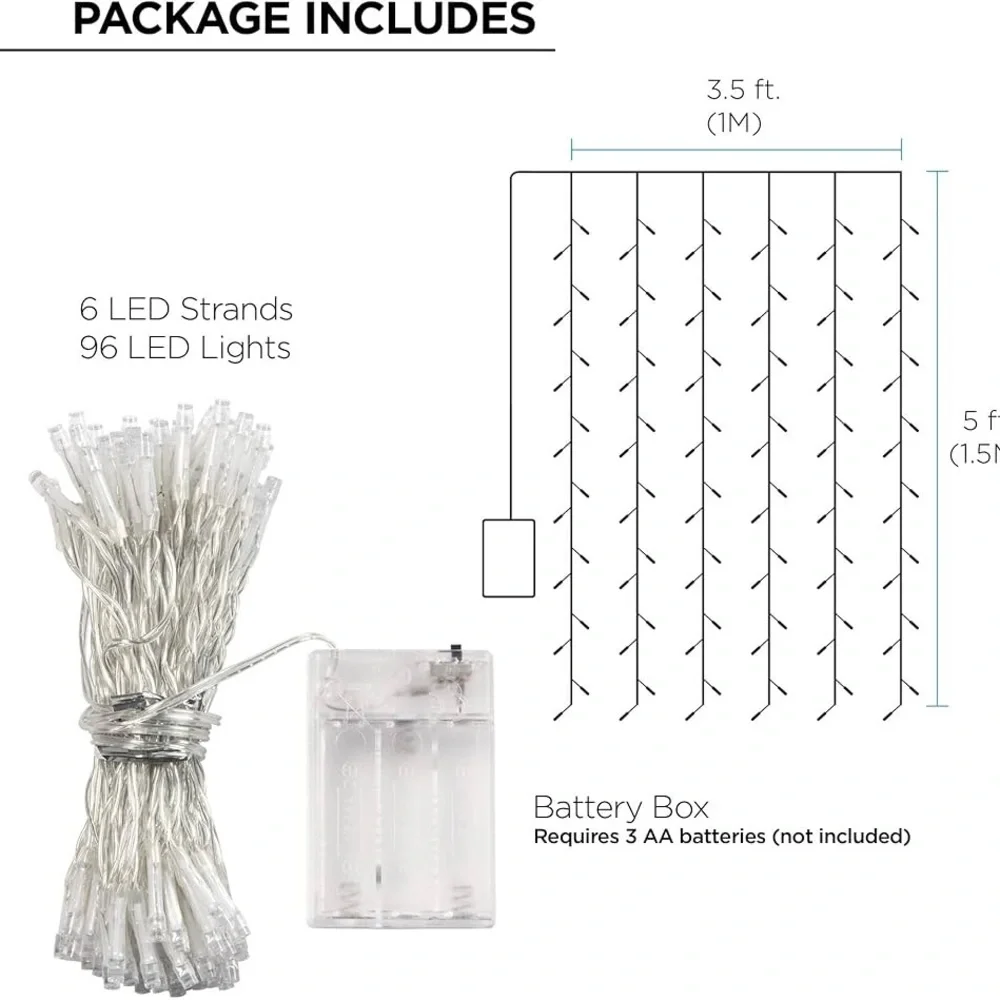 Curtain Lights Cascading Battery-Operated LED 96 LEDs  3.5 × 5 Ft